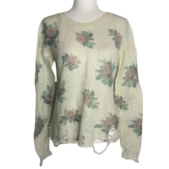 Miss Me Wool Blend Cropped Sweater L Cream Floral Knit Distressed Crew Neck - Picture 1 of 6
